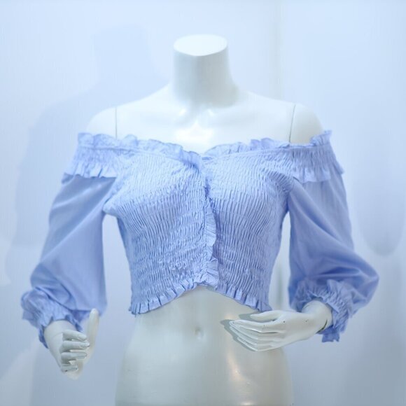 Zara Blue Elastic Trim off the shoulder top Size M - Picture 4 of 9